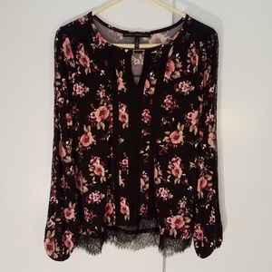 WHBM long sleeve floral drapey lace accents top
